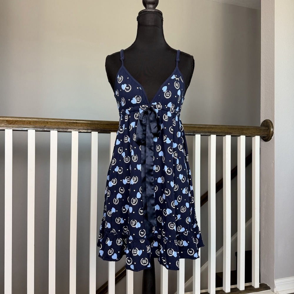 Victoria Secret Pink Vintage Y2K Dog Ruffle Hem Babydoll Dress Small Blue Retro